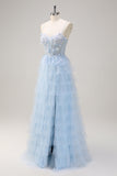 Azzurro Spaghetti Straps A-Line Tulle Tiered Corsetto lungo Abito da cerimonia con fessura