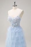 Azzurro Spaghetti Straps A-Line Tulle Tiered Corsetto lungo Abito da cerimonia con fessura