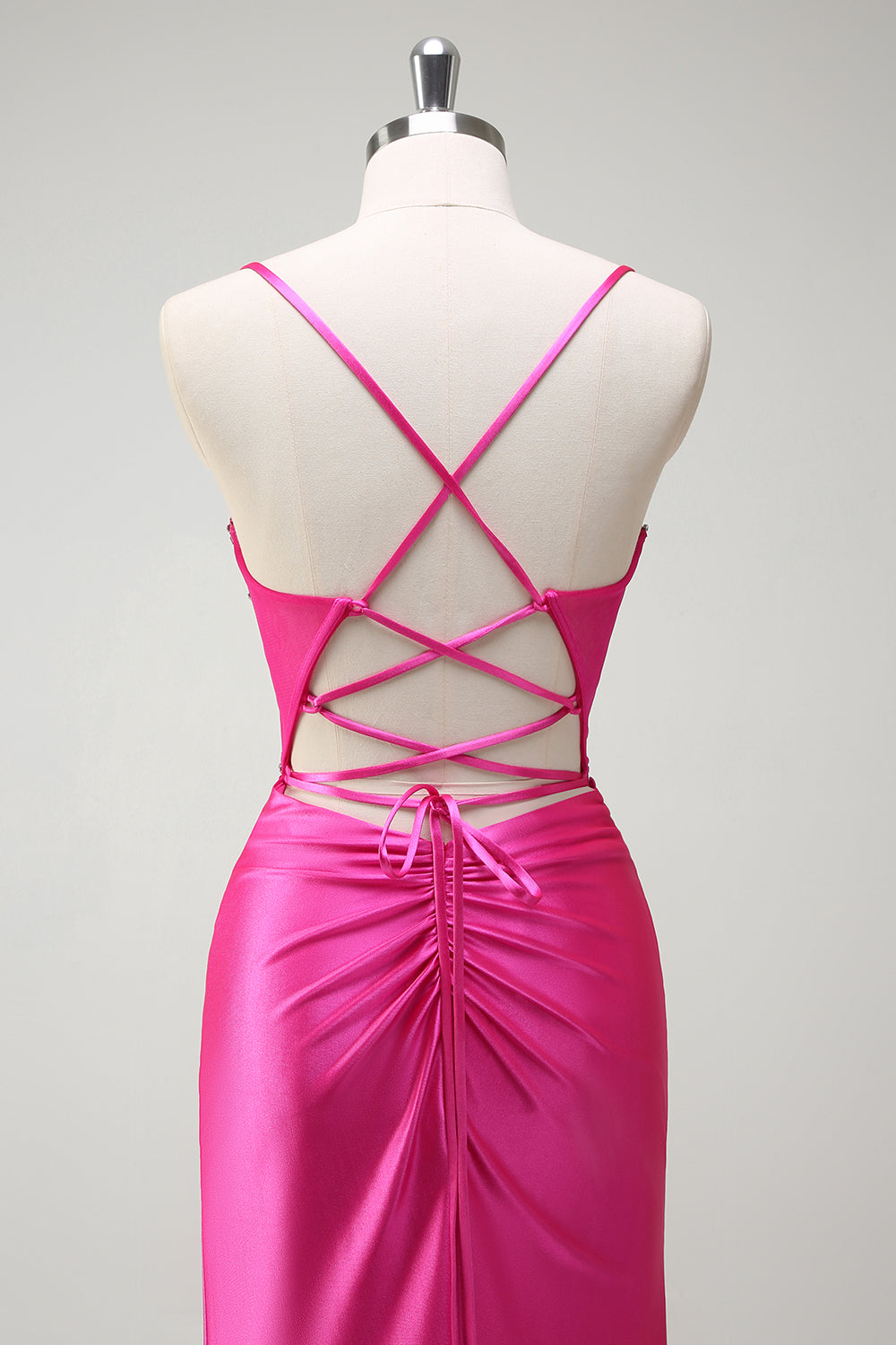 Sparkly Fucsia Mermaid Spaghetti Straps Corsetto in rilievo Satin Long Abito da cerimonia con fessura