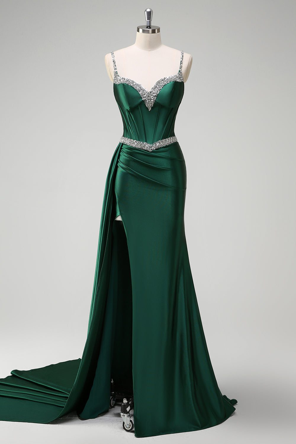 scintillante verde scuro sirena laterale streamer paillettes corsetto raso Abito da cerimonia con fessura