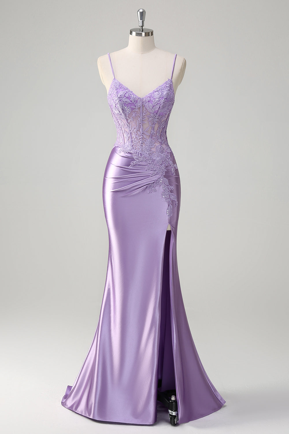 Lilla sirena spaghetti spalline lungo abito da cerimonia con appliques