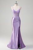 Lilla sirena spaghetti spalline lungo abito da cerimonia con appliques