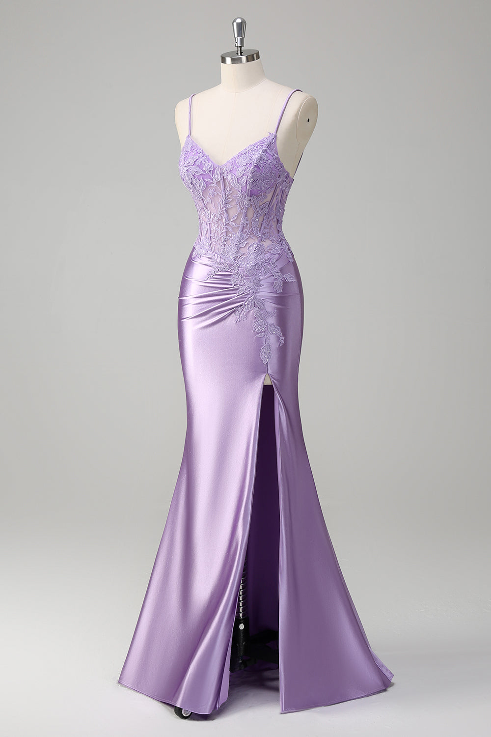 Lilla sirena spaghetti spalline lungo abito da cerimonia con appliques