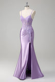 Lilla sirena spaghetti spalline lungo abito da cerimonia con appliques