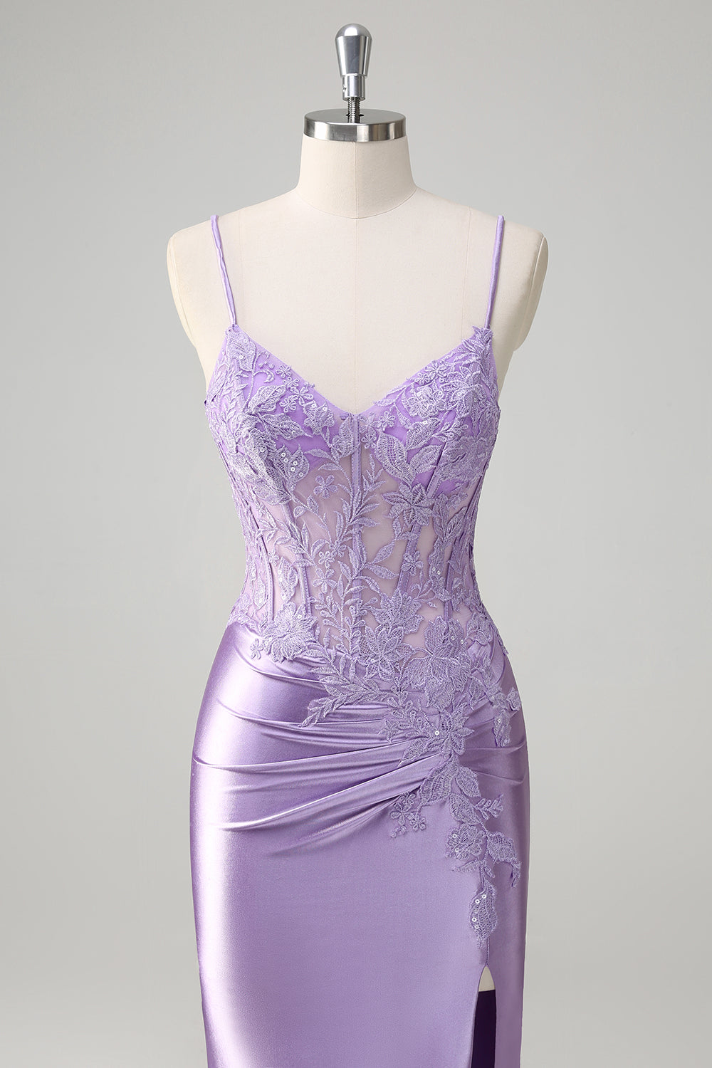 Lilla sirena spaghetti spalline lungo abito da cerimonia con appliques