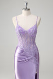 Lilla sirena spaghetti spalline lungo abito da cerimonia con appliques