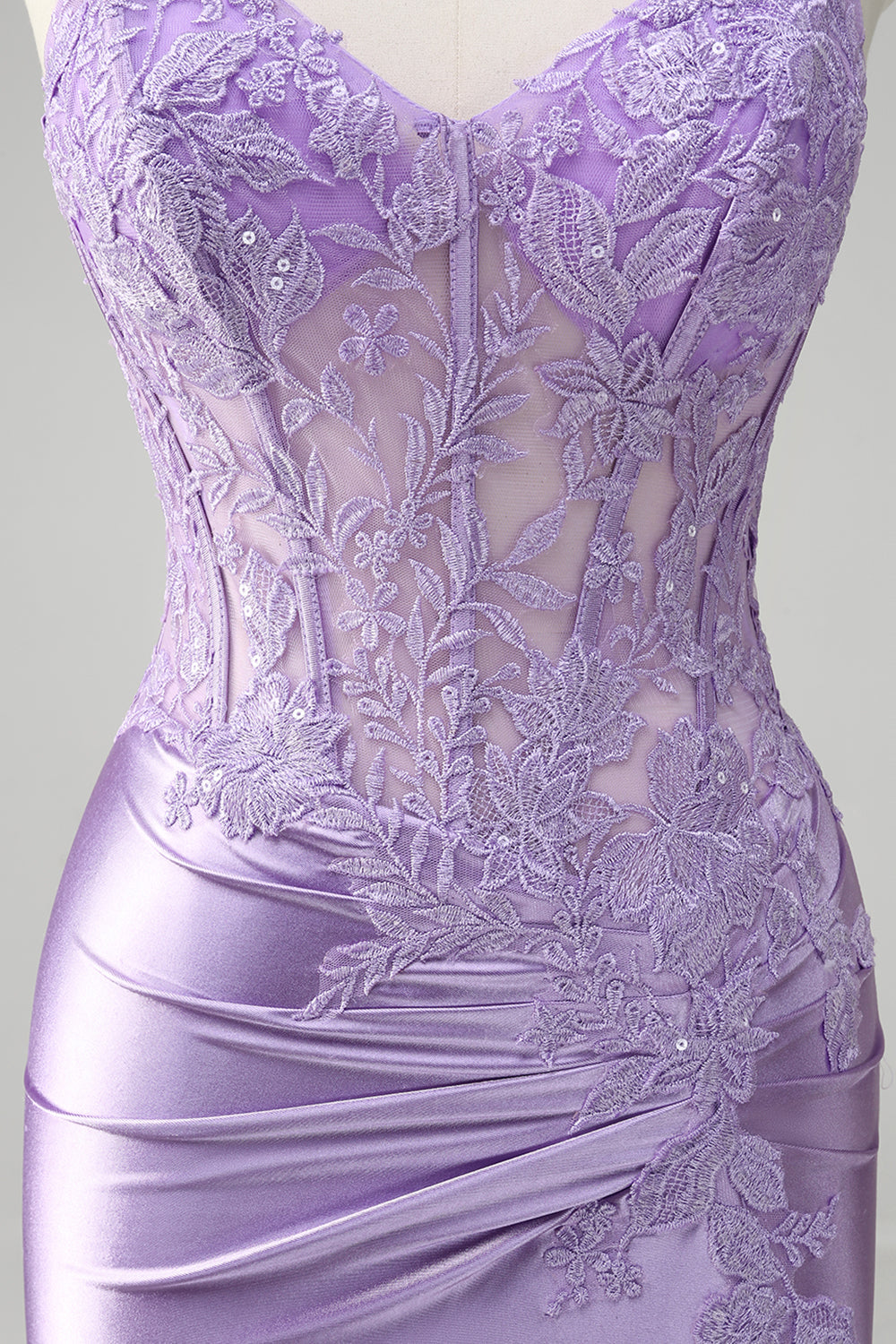 Lilla sirena spaghetti spalline lungo abito da cerimonia con appliques