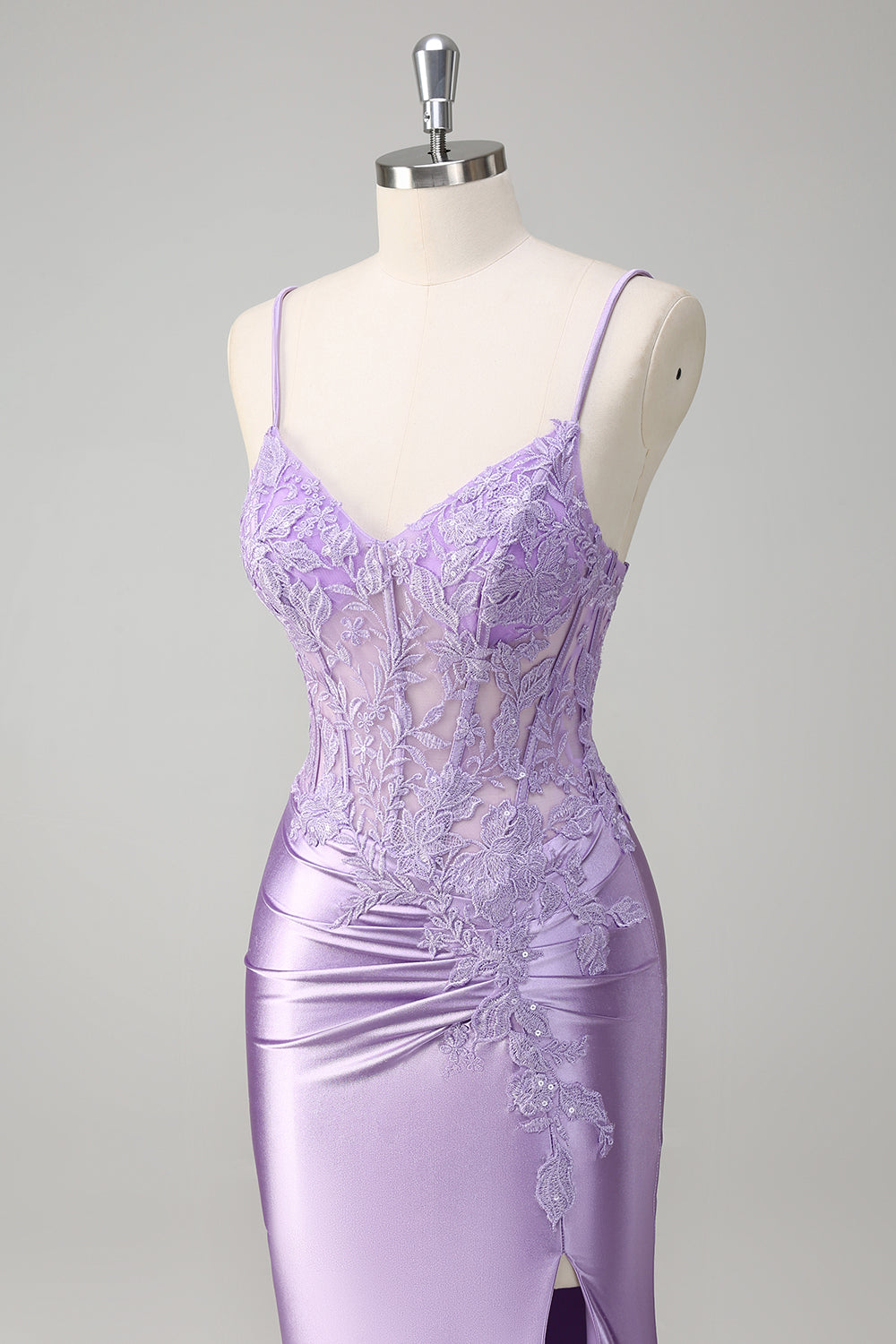 Lilla sirena spaghetti spalline lungo abito da cerimonia con appliques