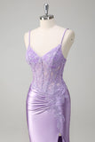 Lilla sirena spaghetti spalline lungo abito da cerimonia con appliques