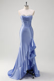 Sparkly grigio blu sirena senza spalline volant corsetto raso lungo abito da cerimonia con fessura