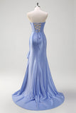 Sparkly grigio blu sirena senza spalline volant corsetto raso lungo abito da cerimonia con fessura