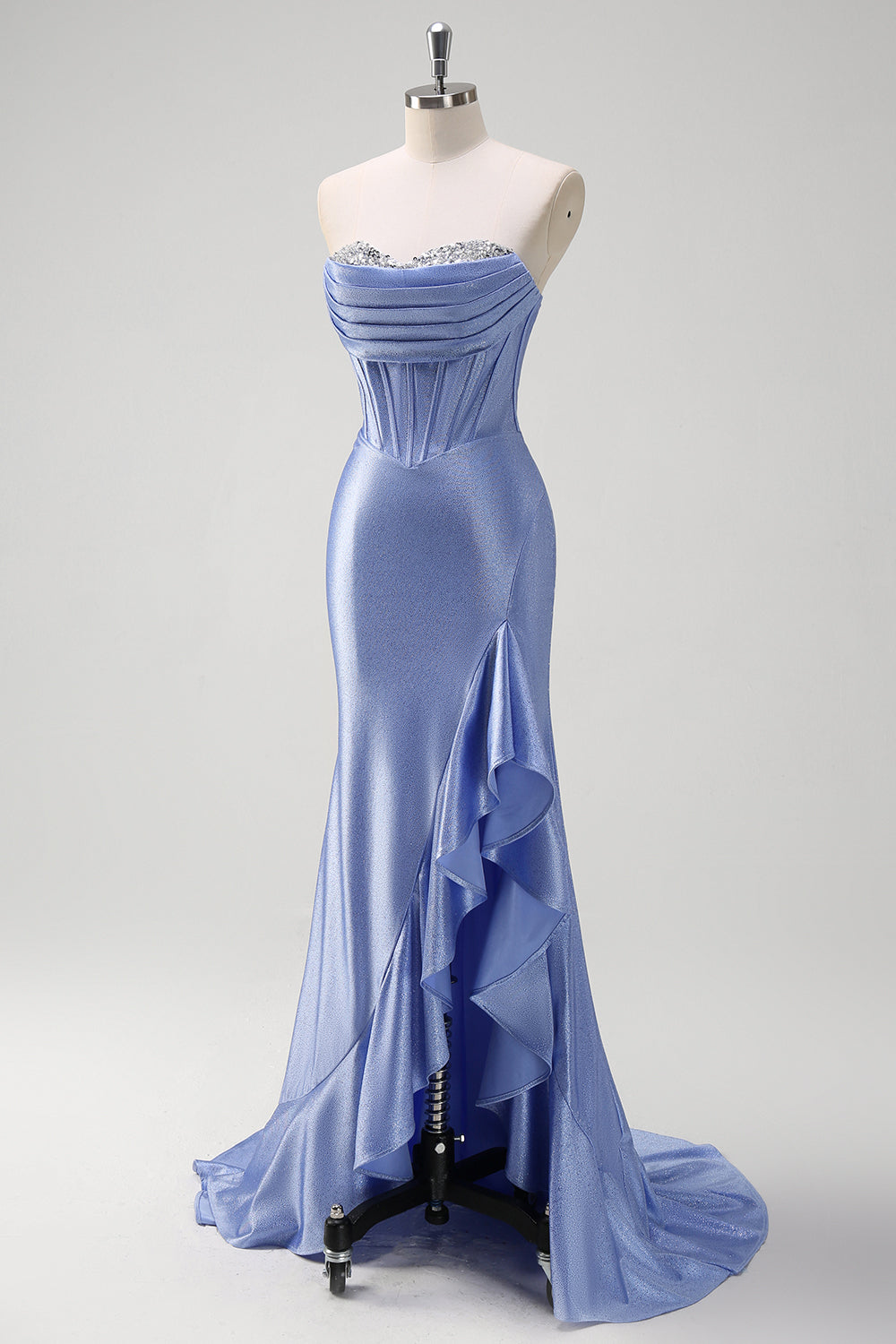 Sparkly grigio blu sirena senza spalline volant corsetto raso lungo abito da cerimonia con fessura