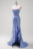 Sparkly grigio blu sirena senza spalline volant corsetto raso lungo abito da cerimonia con fessura