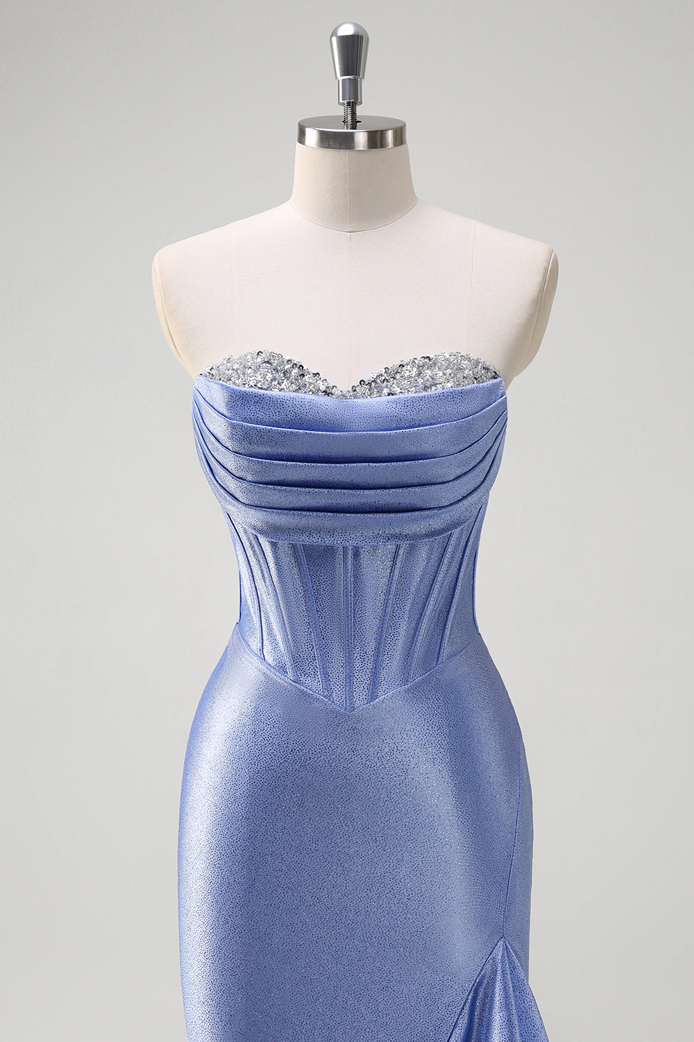 Sparkly grigio blu sirena senza spalline volant corsetto raso lungo abito da cerimonia con fessura