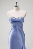 Sparkly grigio blu sirena senza spalline volant corsetto raso lungo abito da cerimonia con fessura
