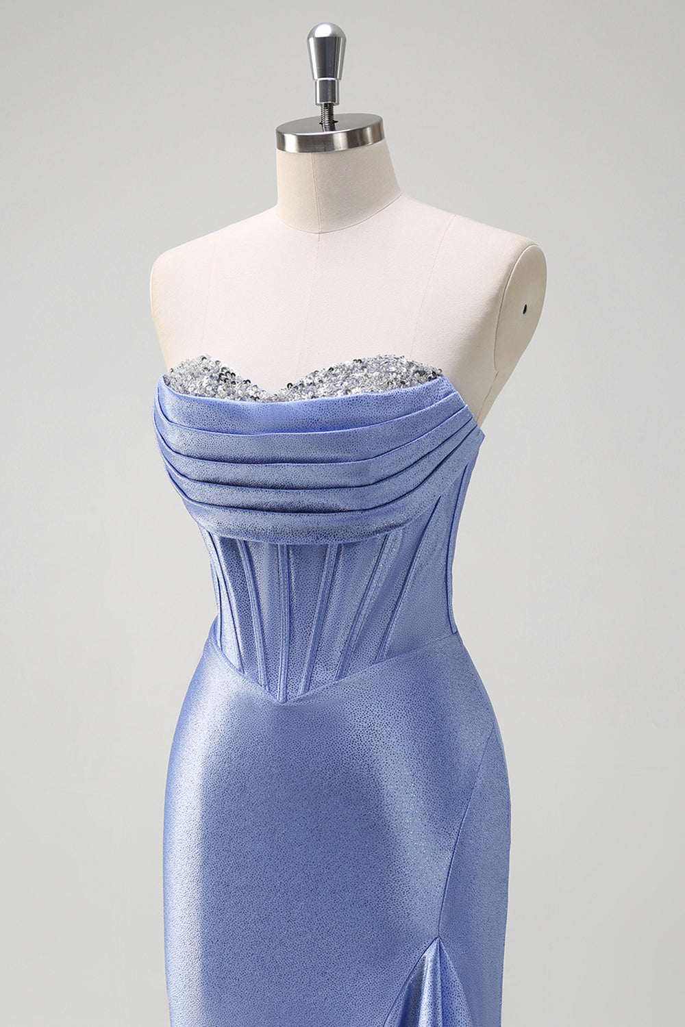 Sparkly grigio blu sirena senza spalline volant corsetto raso lungo abito da cerimonia con fessura