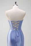 Sparkly grigio blu sirena senza spalline volant corsetto raso lungo abito da cerimonia con fessura