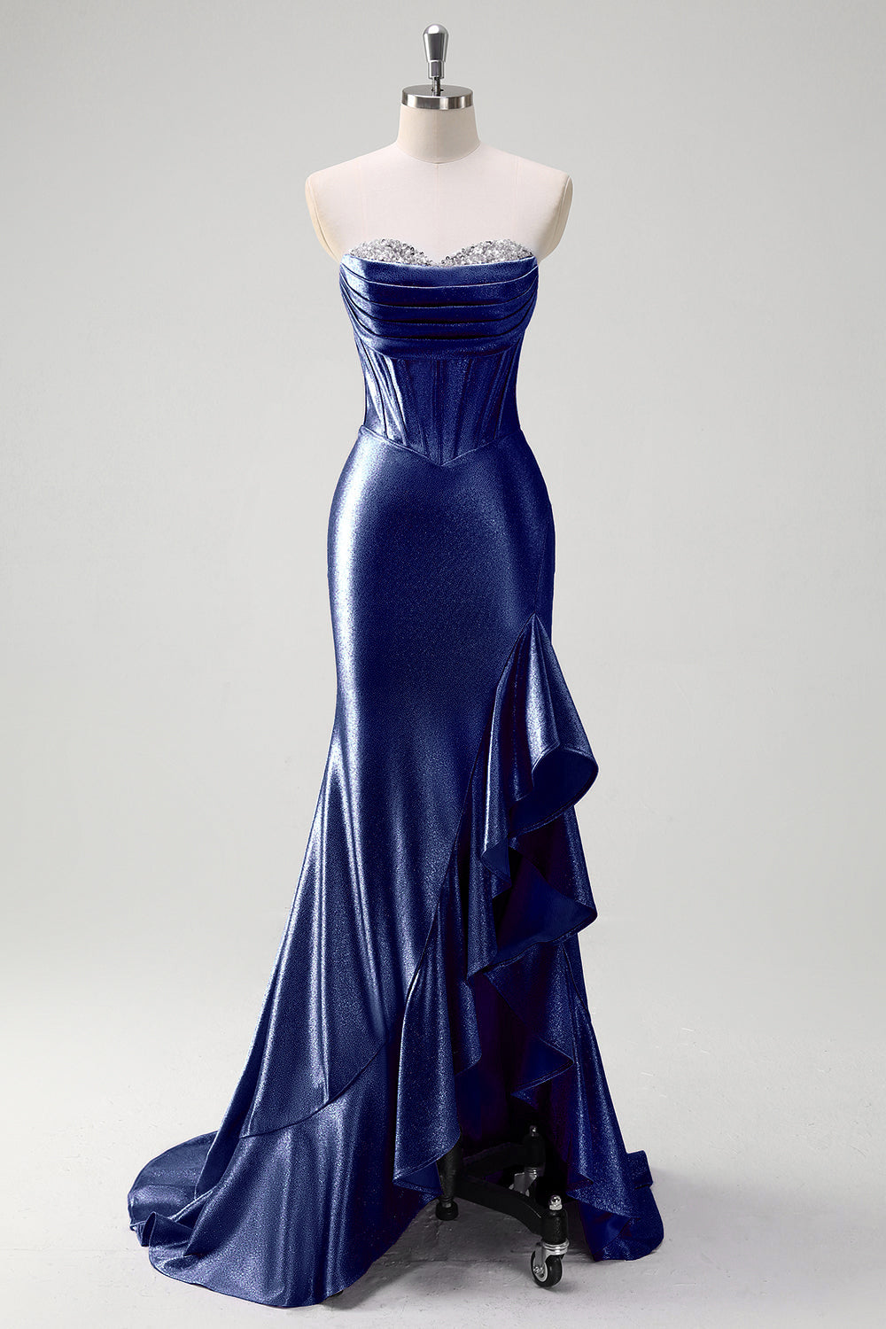 Sparkly grigio blu sirena senza spalline volant corsetto raso lungo abito da cerimonia con fessura