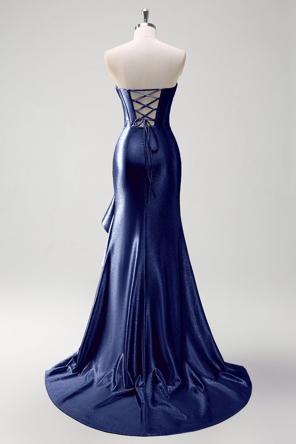 Sparkly grigio blu sirena senza spalline volant corsetto raso lungo abito da cerimonia con fessura
