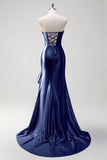 Sparkly grigio blu sirena senza spalline volant corsetto raso lungo abito da cerimonia con fessura