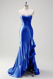 Sparkly grigio blu sirena senza spalline volant corsetto raso lungo abito da cerimonia con fessura
