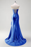 Sparkly grigio blu sirena senza spalline volant corsetto raso lungo abito da cerimonia con fessura