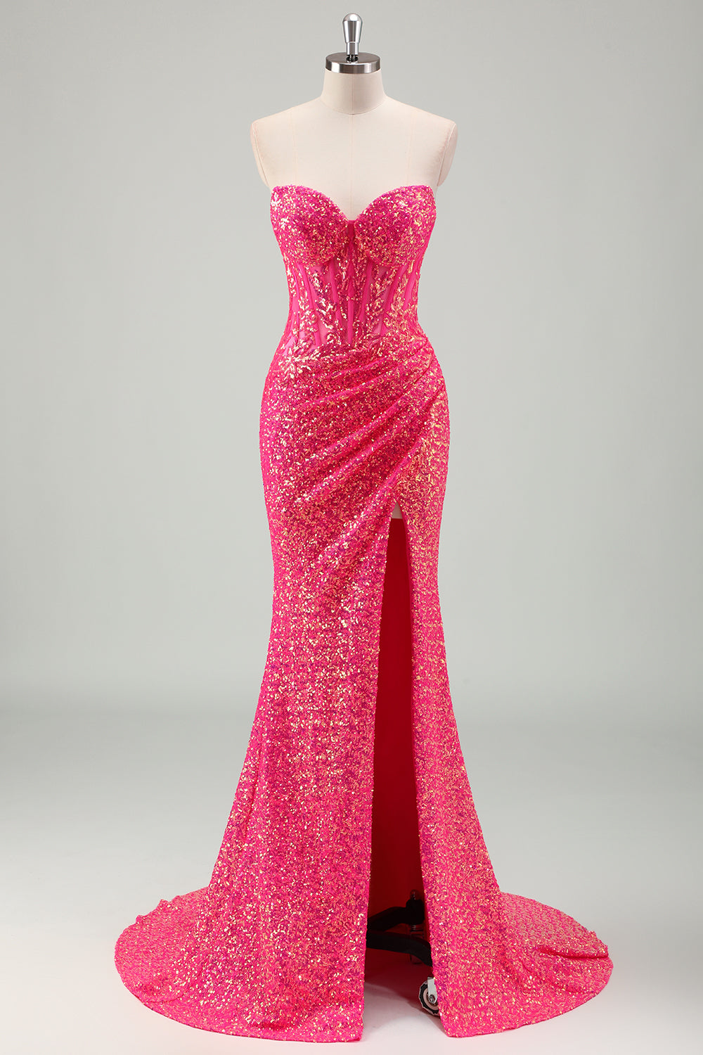 Sparkly Fucsia Mermaid corsetto senza spalline paillettes lungo Prom Dress con fessura