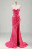 Sparkly Fucsia Mermaid corsetto senza spalline paillettes lungo Prom Dress con fessura