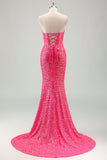 Sparkly Fucsia Mermaid corsetto senza spalline paillettes lungo Prom Dress con fessura