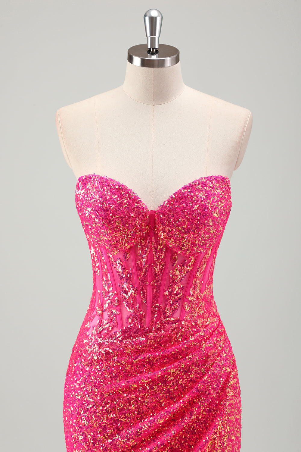 Sparkly Fucsia Mermaid corsetto senza spalline paillettes lungo Prom Dress con fessura