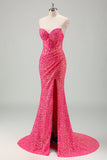 Sparkly Fucsia Mermaid corsetto senza spalline paillettes lungo Prom Dress con fessura