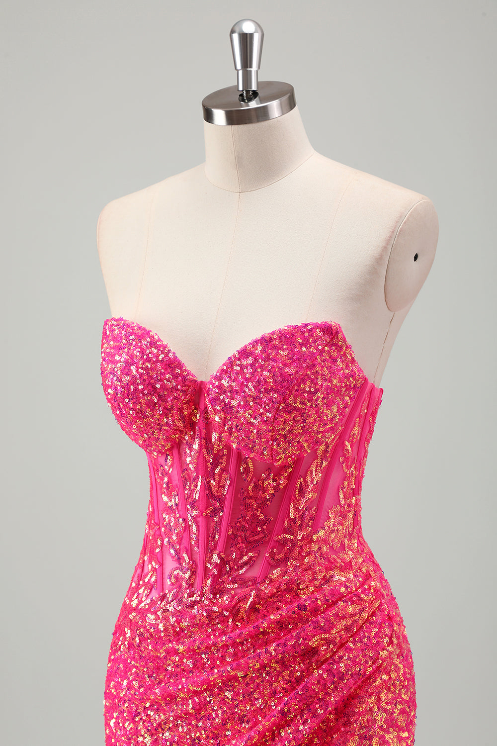 Sparkly Fucsia Mermaid corsetto senza spalline paillettes lungo Prom Dress con fessura
