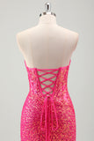 Sparkly Fucsia Mermaid corsetto senza spalline paillettes lungo Prom Dress con fessura