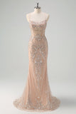 Scintillante Champagne sirena spaghetti spalline corsetto lungo abito da ballo