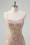 Scintillante Champagne sirena spaghetti spalline corsetto lungo abito da ballo