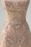 Scintillante Champagne sirena spaghetti spalline corsetto lungo abito da ballo