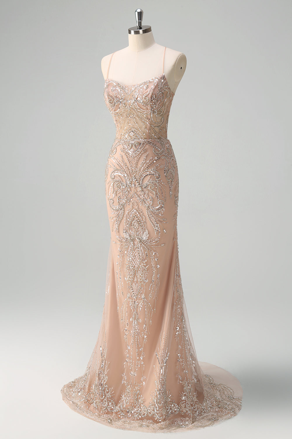 Scintillante Champagne sirena spaghetti spalline corsetto lungo abito da ballo