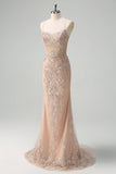 Scintillante Champagne sirena spaghetti spalline corsetto lungo abito da ballo