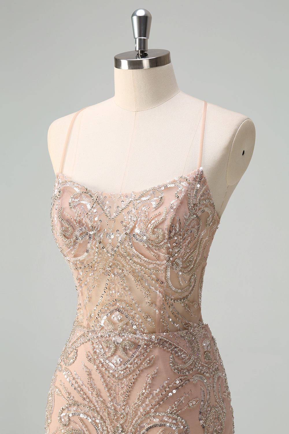 Scintillante Champagne sirena spaghetti spalline corsetto lungo abito da ballo