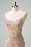 Scintillante Champagne sirena spaghetti spalline corsetto lungo abito da ballo