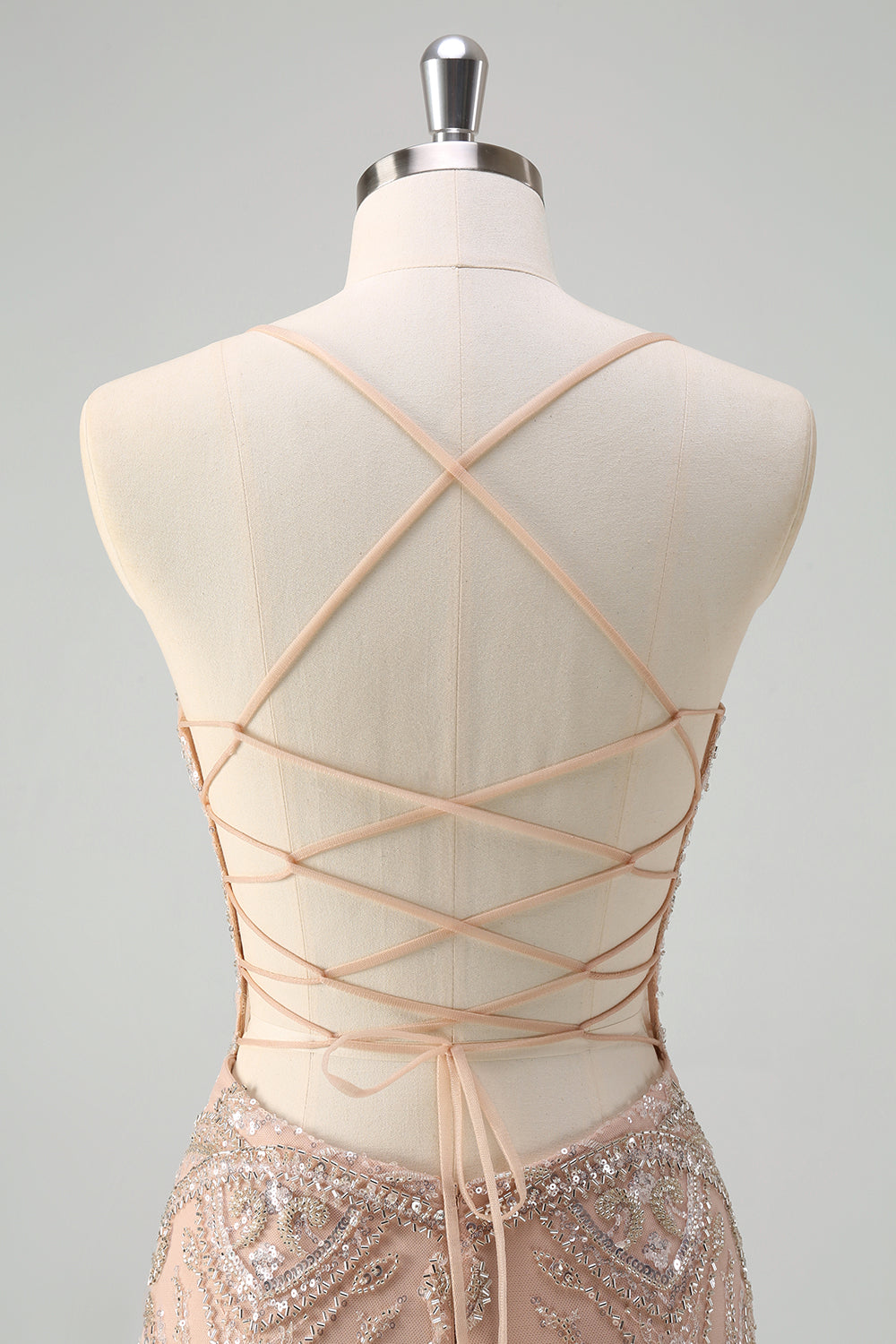 Scintillante Champagne sirena spaghetti spalline corsetto lungo abito da ballo