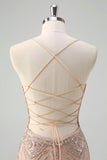 Scintillante Champagne sirena spaghetti spalline corsetto lungo abito da ballo