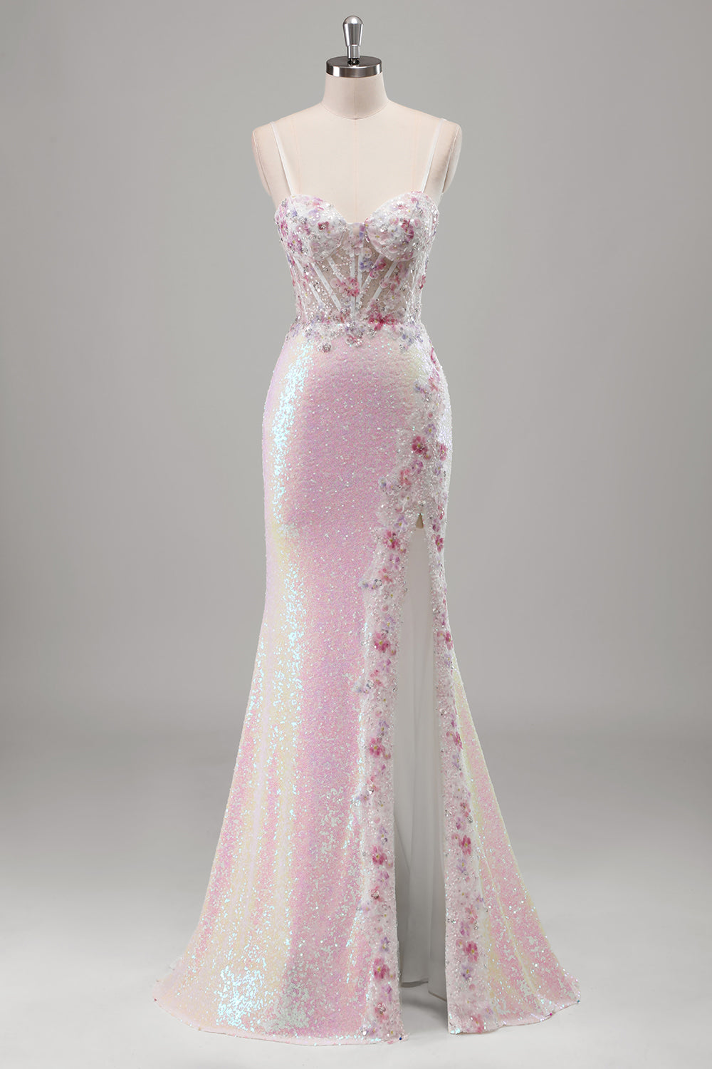 Scintillante rosa sirena spaghetti spalline corsetto fiori paillettes lungo abito da cerimonia con fessura