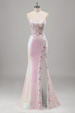Scintillante rosa sirena spaghetti spalline corsetto fiori paillettes lungo abito da cerimonia con fessura