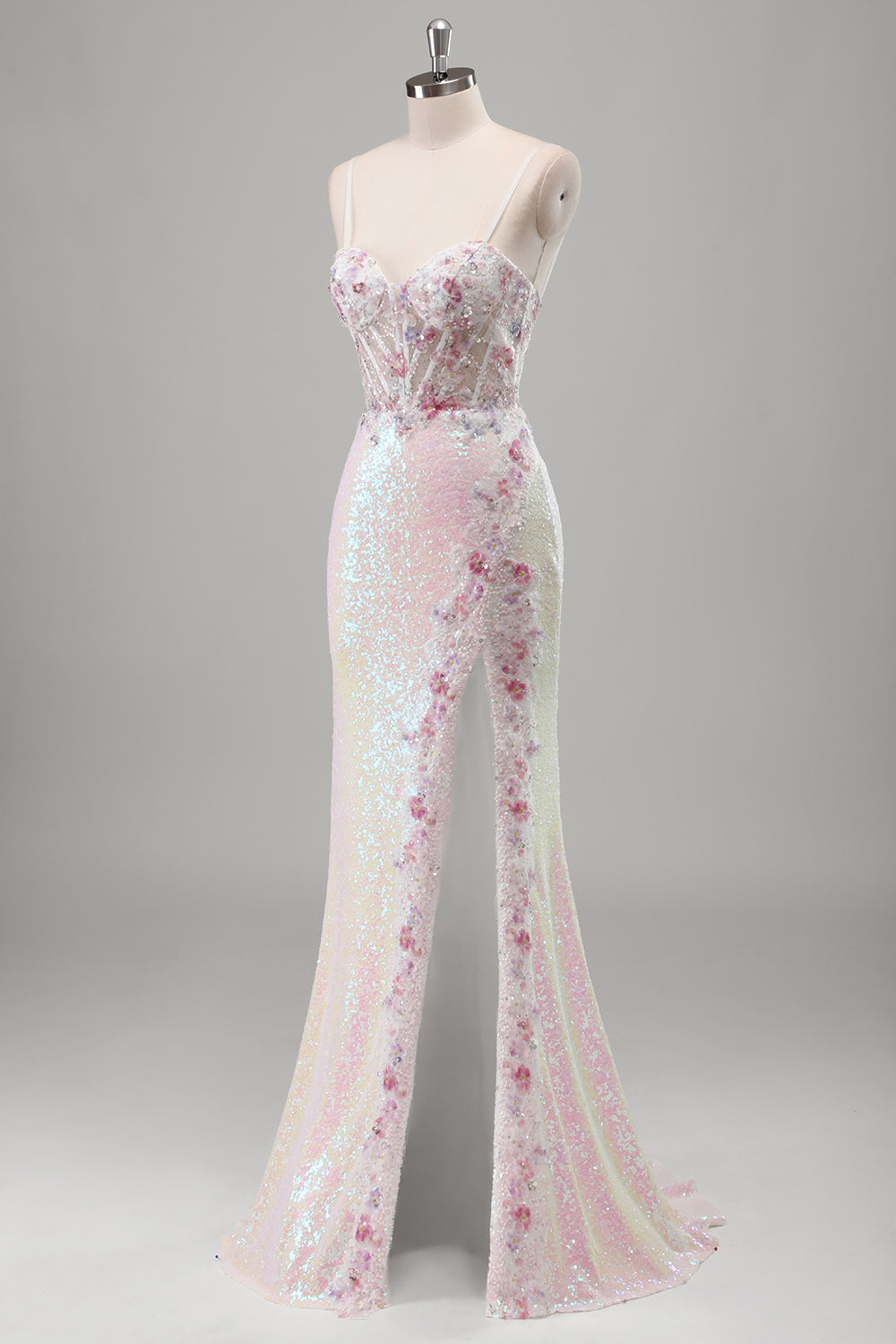 Scintillante rosa sirena spaghetti spalline corsetto fiori paillettes lungo abito da cerimonia con fessura
