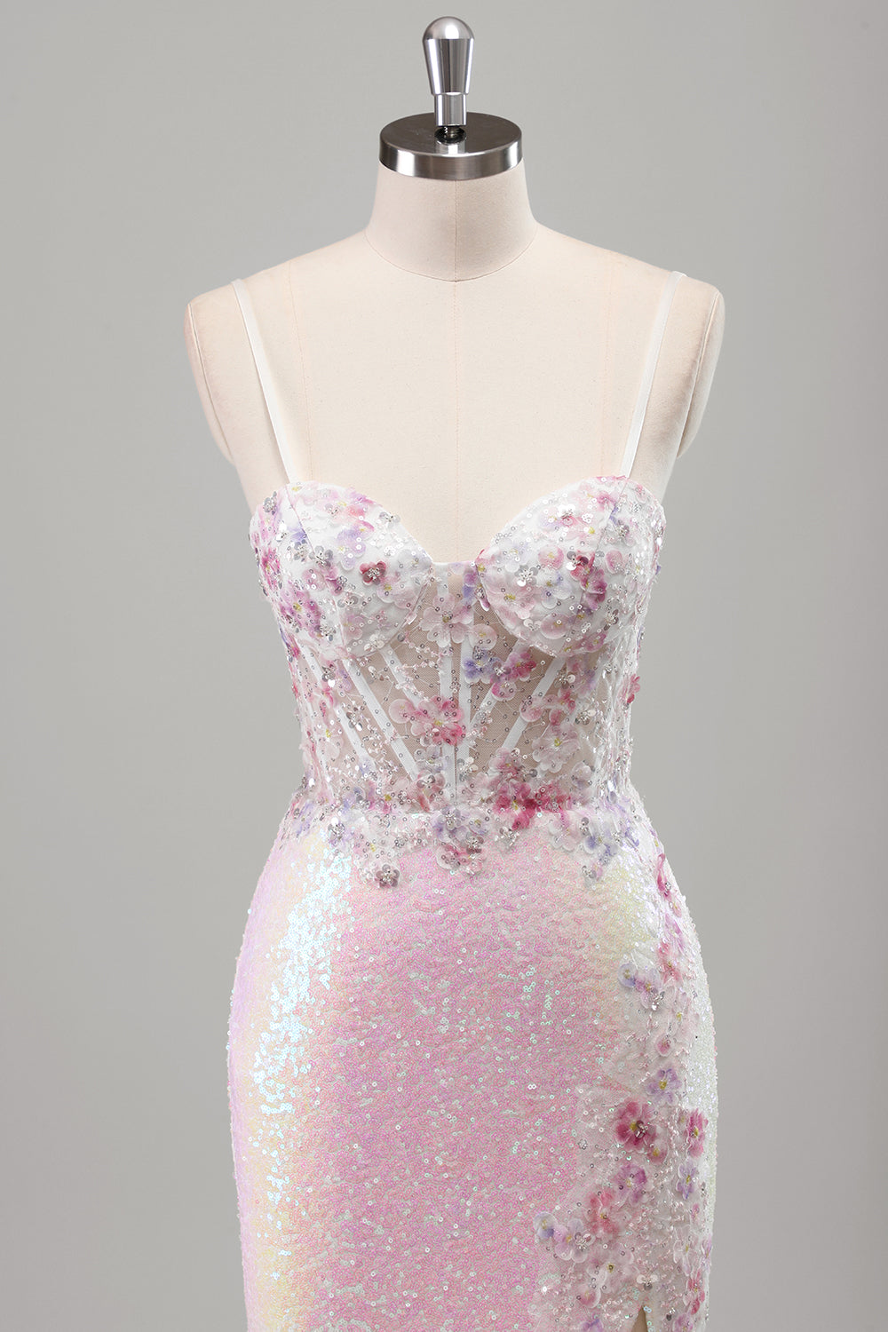Scintillante rosa sirena spaghetti spalline corsetto fiori paillettes lungo abito da cerimonia con fessura