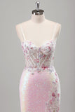 Scintillante rosa sirena spaghetti spalline corsetto fiori paillettes lungo abito da cerimonia con fessura