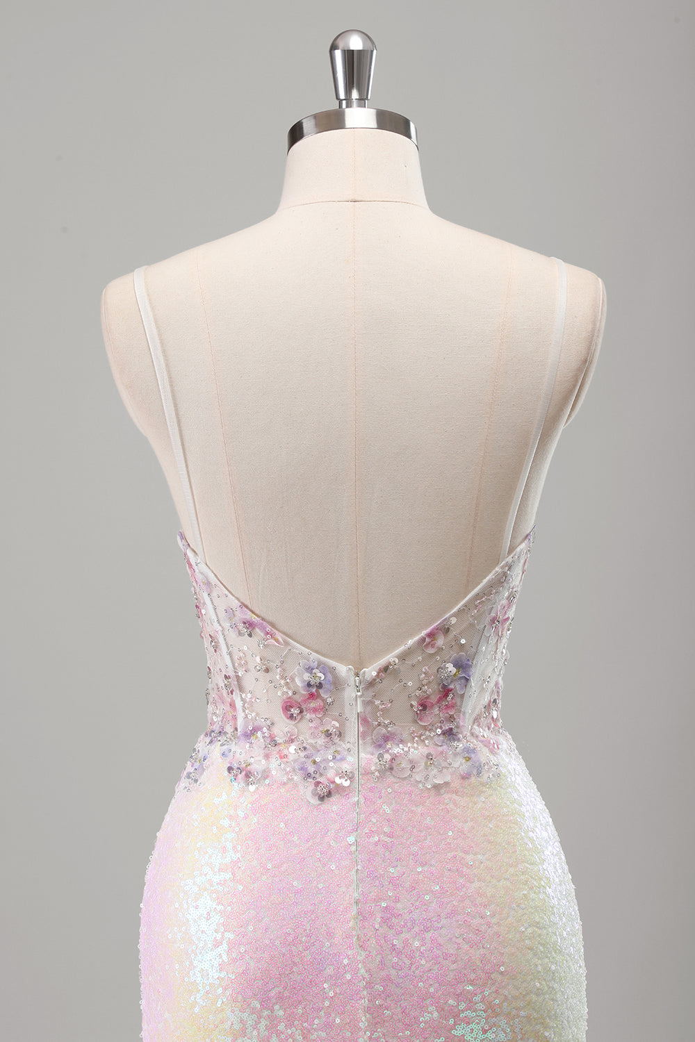 Scintillante rosa sirena spaghetti spalline corsetto fiori paillettes lungo abito da cerimonia con fessura