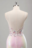 Scintillante rosa sirena spaghetti spalline corsetto fiori paillettes lungo abito da cerimonia con fessura