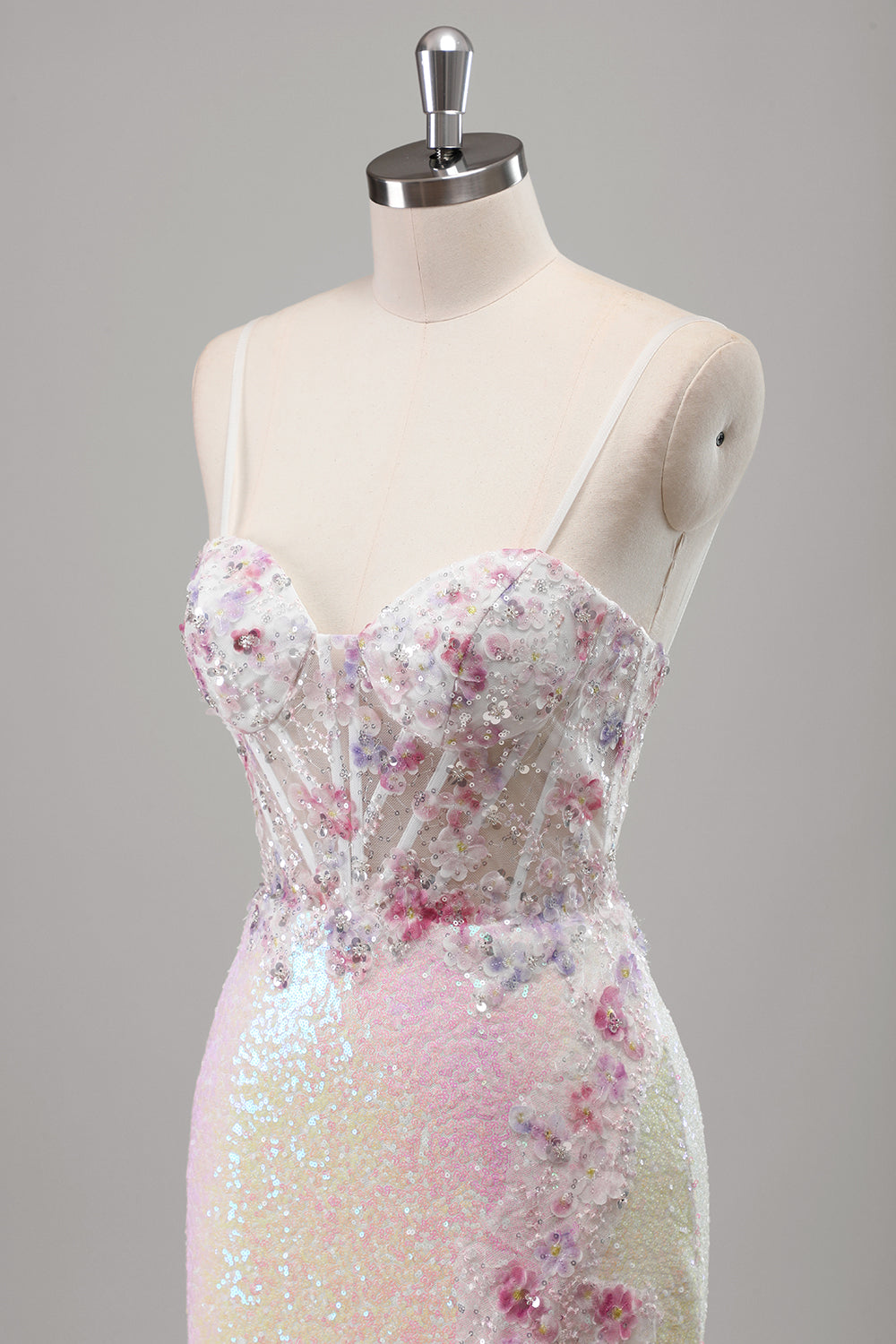 Scintillante rosa sirena spaghetti spalline corsetto fiori paillettes lungo abito da cerimonia con fessura